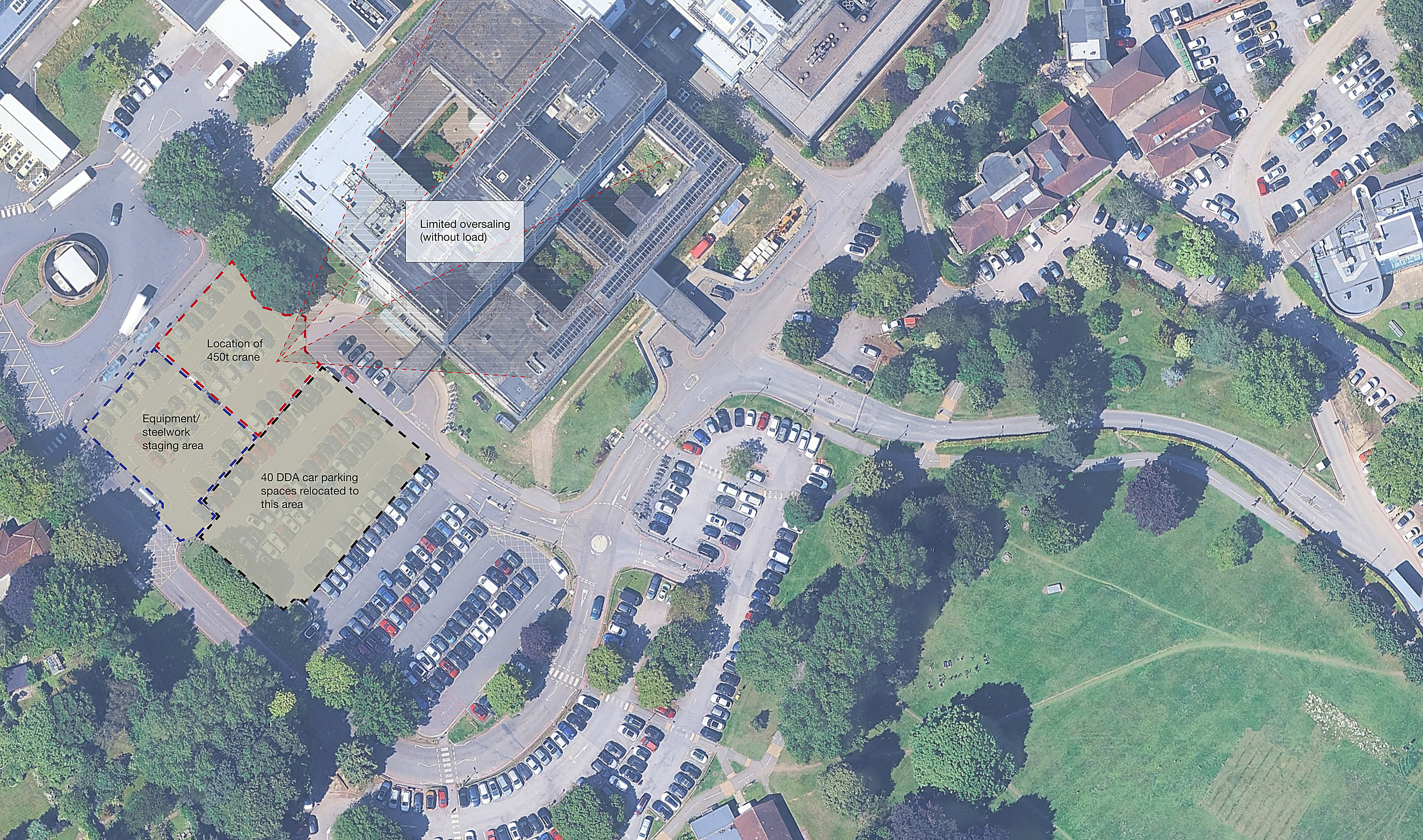 Option 1 — site condition while the crane is erected, showing the standing footprint and limited oversailing