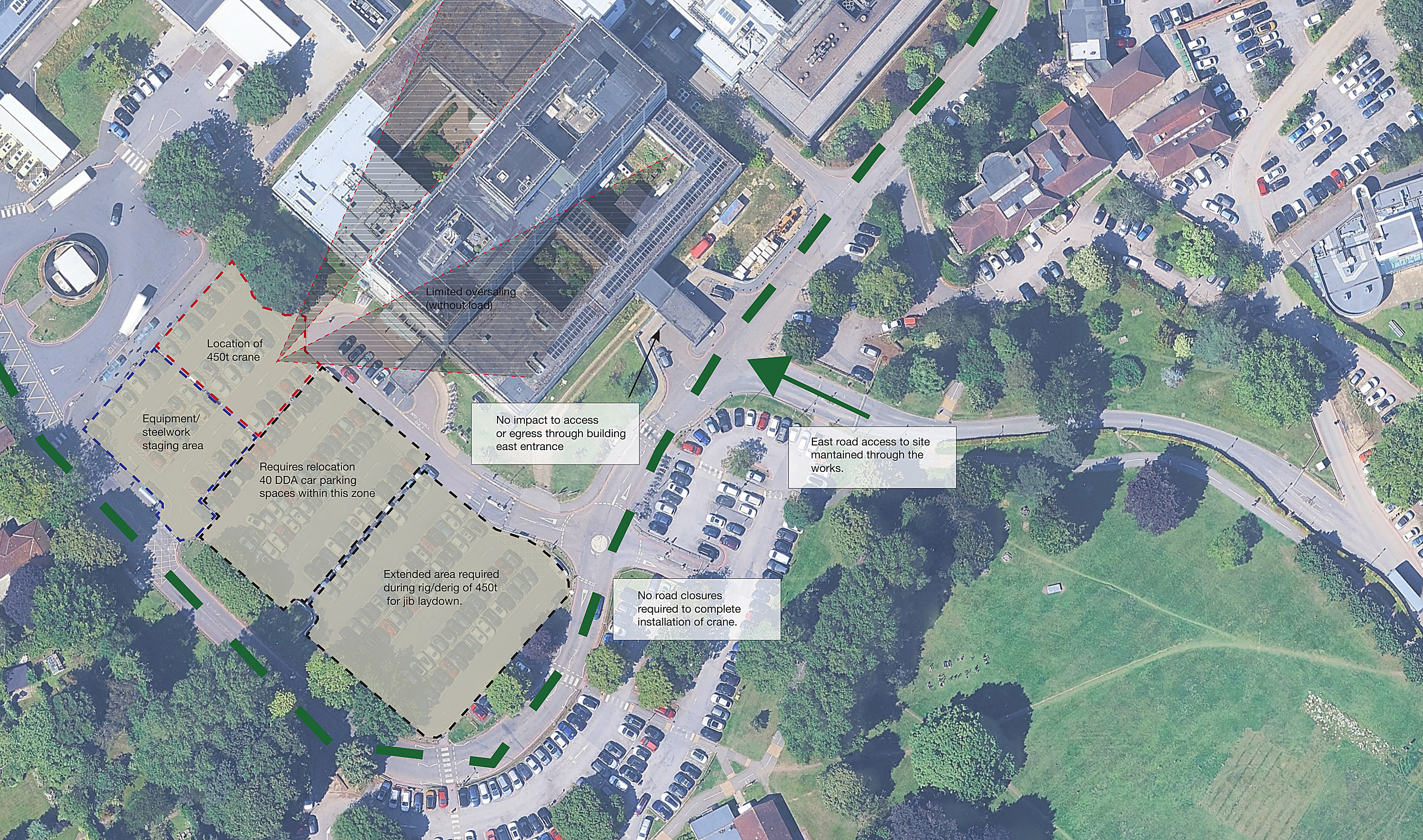 Option 1 — crane location, staging area and parking relocation zone, Car Park 2