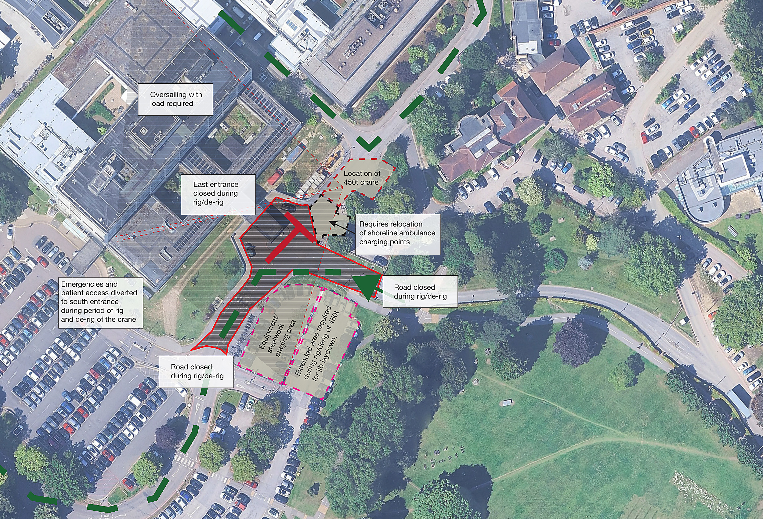 Option 2 — crane location, oversail zone, staging area and access closures