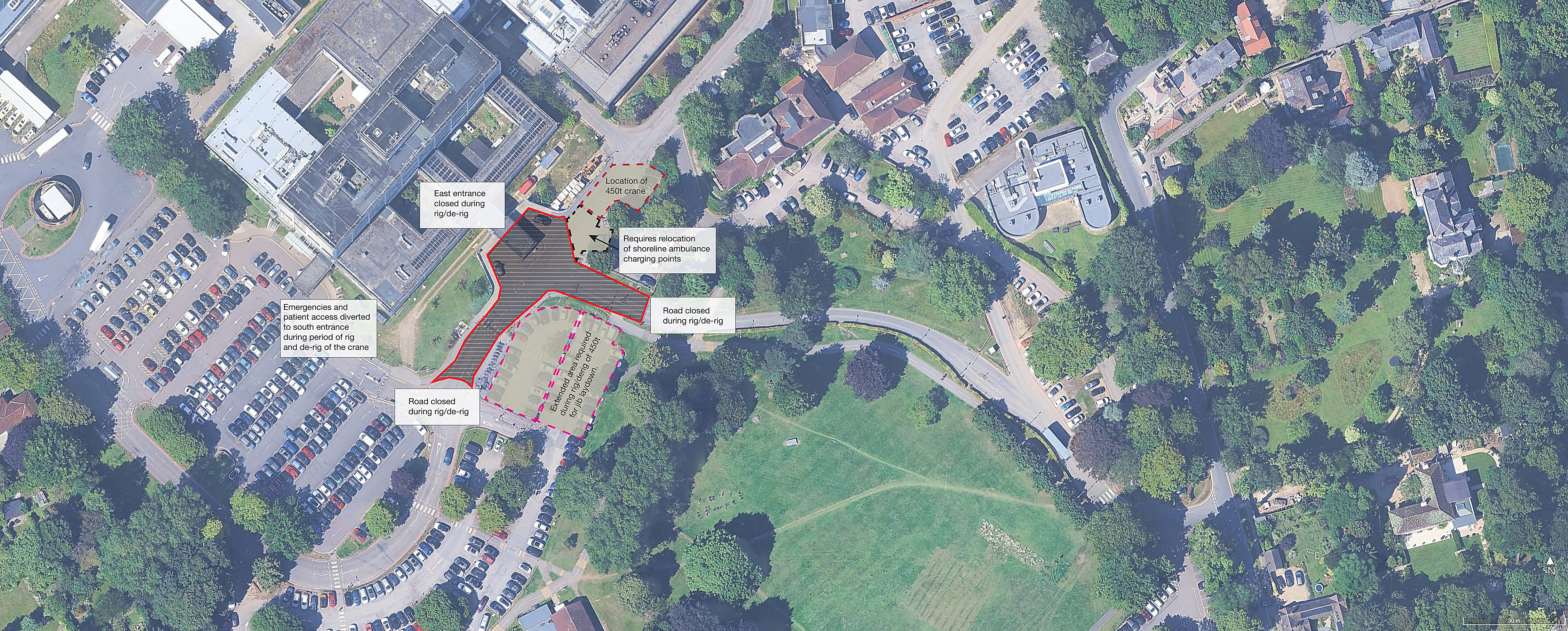 Option 2 — site condition during crane rig and de-rig, showing the extended area required for crane positioning to build the jib of the 450t crane, road closures and entrance diversion