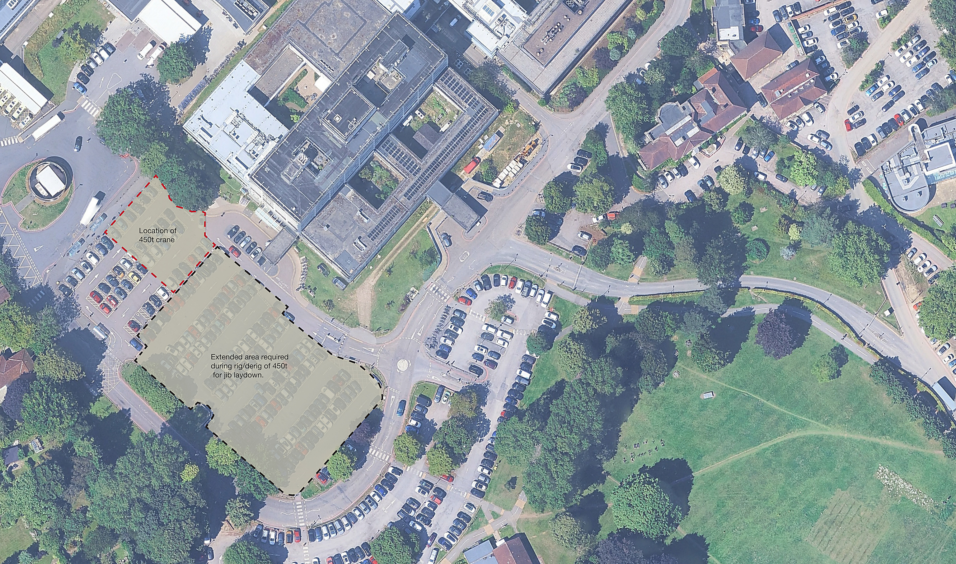 Option 1 — site condition during crane rig and de-rig, showing the extended area required for jib laydown